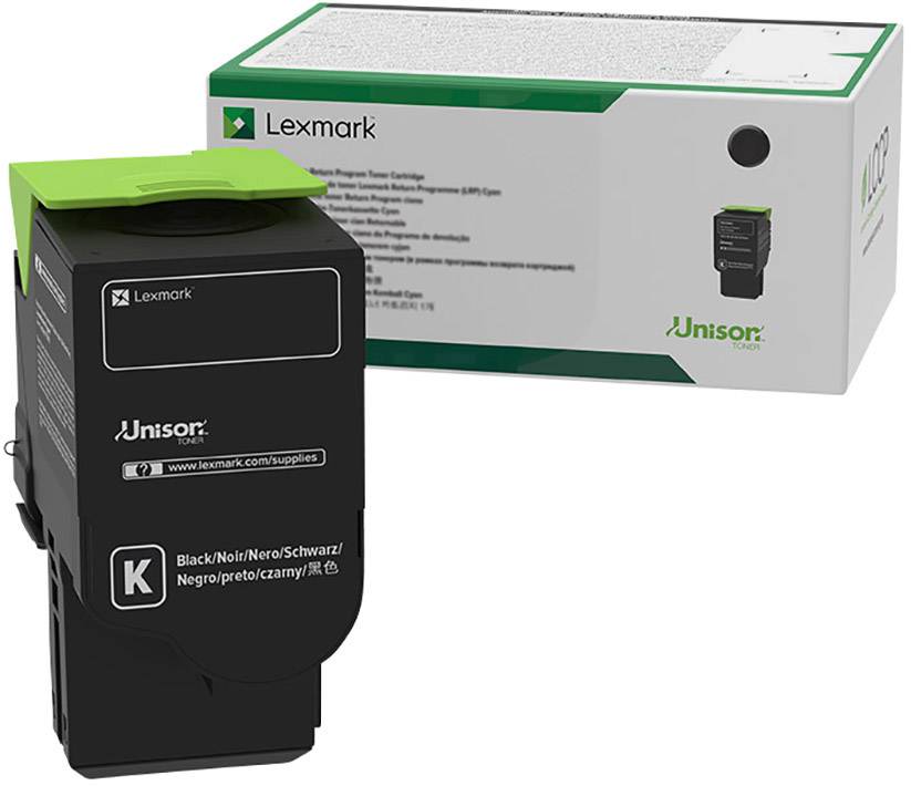 'Tonercartridge Lexmark, Model Unison, Zwart. Verpakking op de achtergrond. Geschikt voor specifieke printermodellen.'