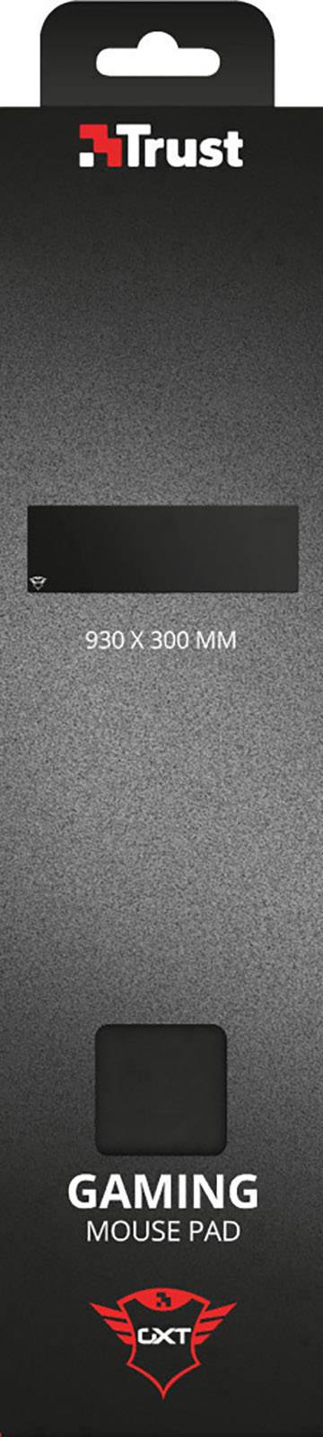 'Trust Gaming Muismat', Afmetingen: 930 x 300 mm, zwart design, merklogo en tekst details afgebeeld op de verpakking.