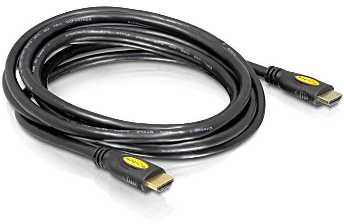 Een zwarte HDMI-kabel met twee gouden connectoren, opgerold en klaar voor gebruik bij audio- en videotoepassingen.