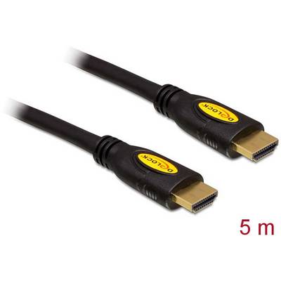 Zwart HDMI-kabel met twee pluggen, lengte 5 meter, geschikt voor audio- en videoverbindingen tussen apparaten.