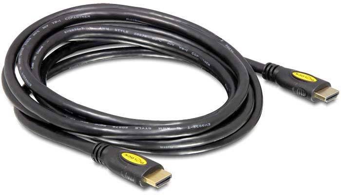 Een zwart HDMI-kabel met twee stekkers, opgerold. Wordt gebruikt voor het overdragen van audio- en videosignalen tussen apparaten.