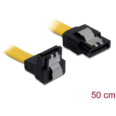 Geel SATA-kabel met twee zwarte aansluitingen, lengte 50 cm.