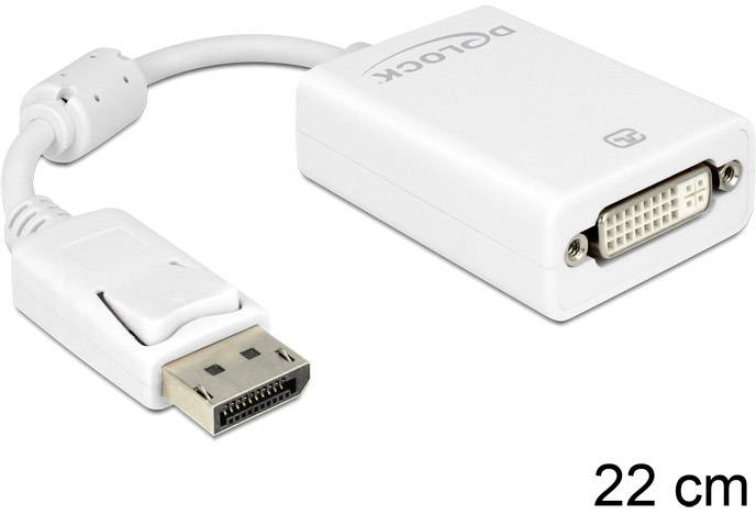 'DeLock' Adapter met 22 cm kabel, DisplayPort-stekker naar DVI-aansluiting. Wit, compact, voor video-aansluitingen tussen apparaten.