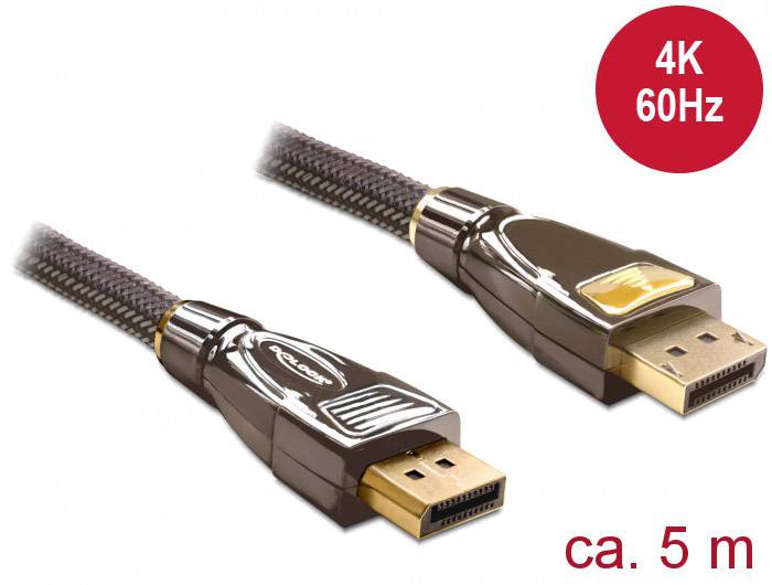 DisplayPort-kabel met nylon ommantel, geschikt voor 4K bij 60Hz, lengte ca. 5 m. Twee connectoren met verguld contactpunt.