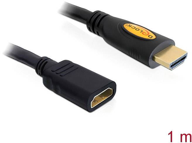 'Een 1-meter HDMI-verlengkabel met stekker en aansluiting. Gebruikt voor het verbinden van apparaten voor video- en audiooverdracht.'