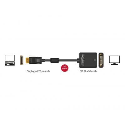 'Displayport-naar-DVI-adapter: Links Displayport-stekker, rechts DVI-aansluiting. Midden rode stip met "4K Active"-tekst. Aansluitingsoverzicht.'