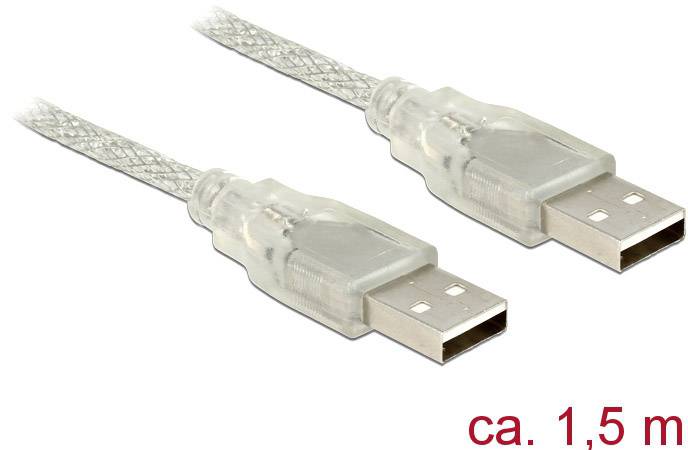 Twee transparante USB-A-stekkers aan een kabel van ongeveer 1,5 meter lang.