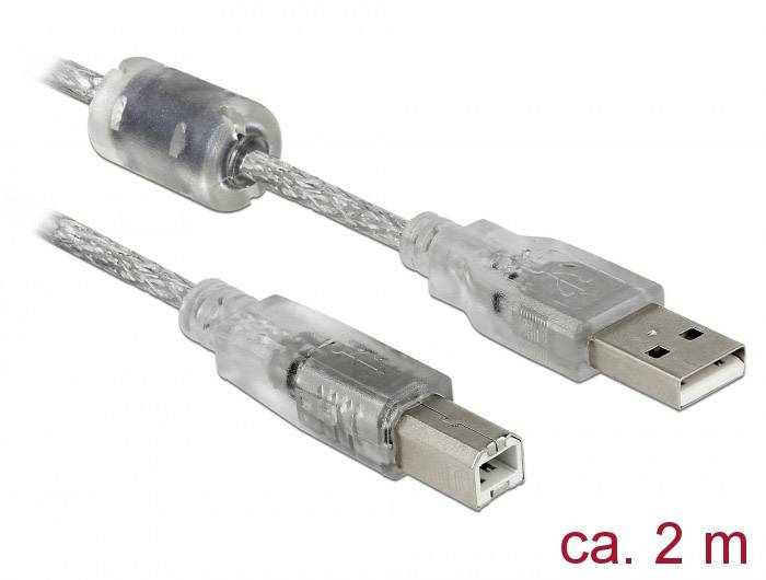'USB-A naar USB-B-kabel, transparant, lengte ca. 2 m.'