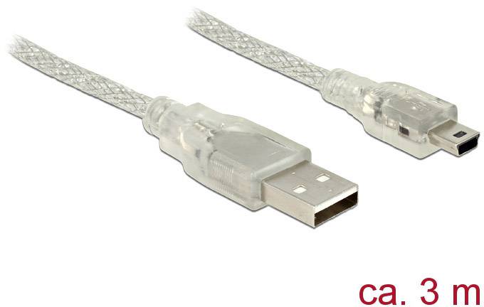 Twee USB-kabels, links met standaard stekker, rechts met kleinere, transparante stekkers; lengte ongeveer 3 meter.