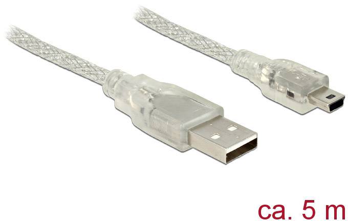 USB naar Mini-USB-kabel, lengte ca. 5 meter, transparant.