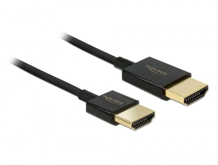 Twee zwarte HDMI-kabels met gouden connectoren liggen naast elkaar. Ze zijn van het merk Delock en variëren in grootte en lengte.