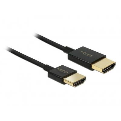 Twee zwarte HDMI-kabels met gouden connectoren liggen naast elkaar. Ze zijn van het merk Delock en variëren in grootte en lengte.