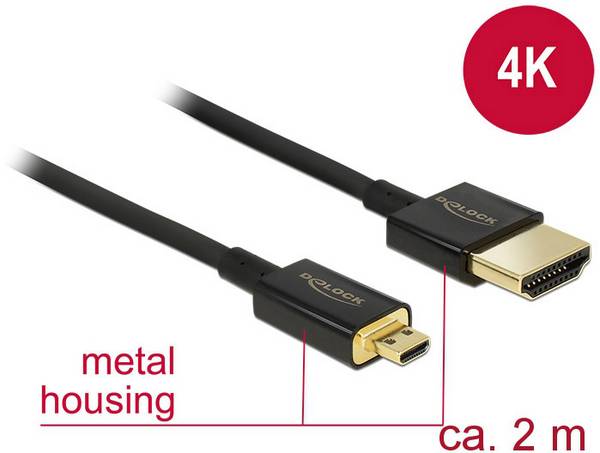 Delock 84783 HDMI-kabel HDMI Aansluitkabel HDMI-A-stekker, HDMI-micro-D-stekker 2.00 m Zwart 4K UHD, Vergulde steekcontacten