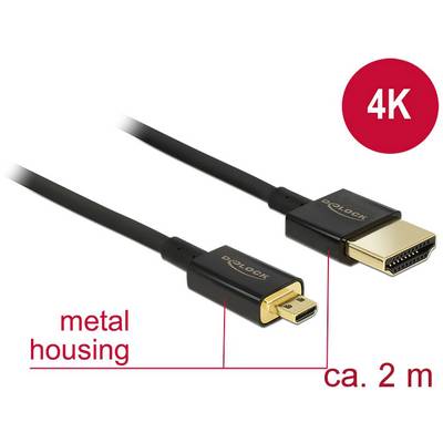 HDMI-kabel van 2 m lang, ondersteunt 4K-resolutie. Zwart kabel met gouden aansluitingen en metalen behuizing.