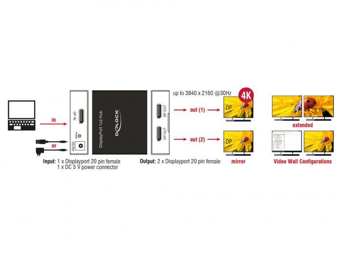 Delock DisplayPort 1.2 Splitter 1 x DisplayPort in > 2 x DisplayPort out 4K-4