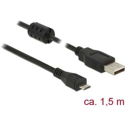 USB-kabel met USB-A-stekker en Micro-USB-B-stekker, ongeveer 1,5 m lang, zwart.