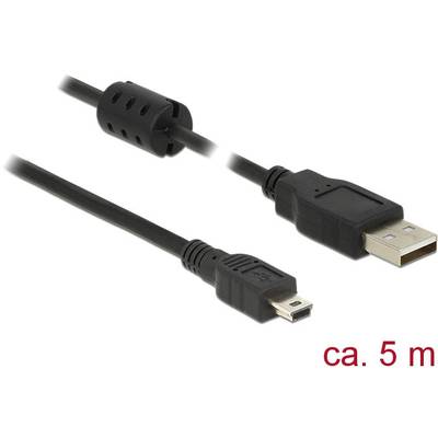 Delock USB-kabel USB 2.0 USB-A stekker, USB-mini-B stekker 5.00 m Zwart Met Ferrietkern 84916