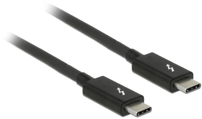 Twee zwarte USB-C-kabels met een bliksemsymbool op de aansluitingen, wat wijst op snelle gegevensoverdracht of Thunderbolt-compatibiliteit.
