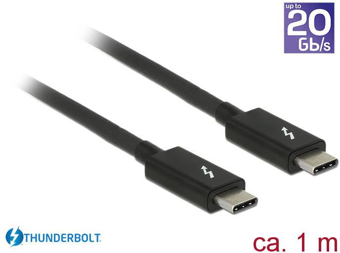 Twee zwarte Thunderbolt-kabels met USB-C-aansluitingen. Ondersteuning voor gegevensoverdracht tot 20 Gbit/s. Lengte ongeveer 1 m.