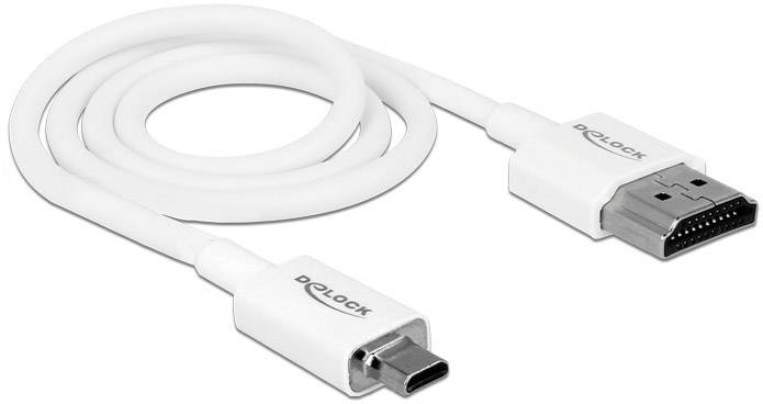 Een wit Delock-kabel met een USB-C- en een DisplayPort-connector aan beide uiteinden, ideaal voor verbindingen tussen apparaten.