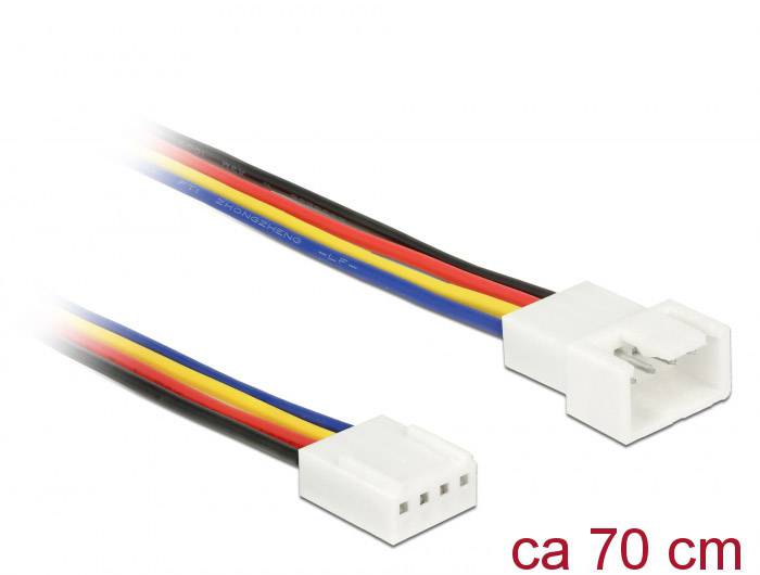 'PC-ventilator verlengkabel, ca. 70 cm lang, met 4-polige witte stekkerverbindingen en kleurgecodeerde kabels (zwart, rood, blauw, geel).'