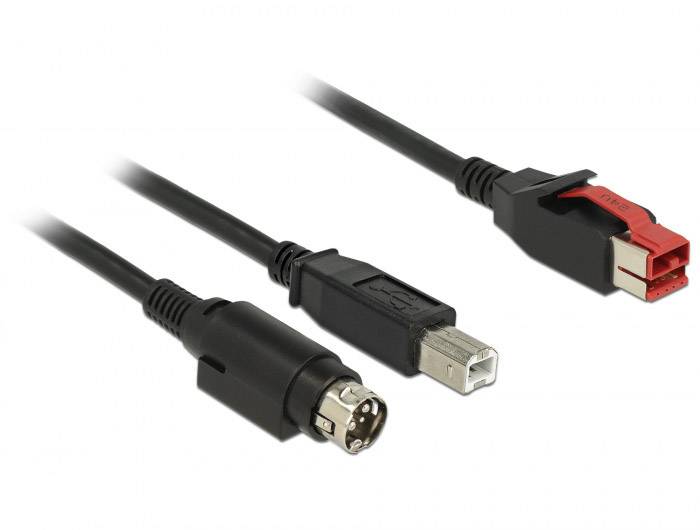Delock USB-kabel USB 2.0 PoweredUSB 24V stekker, USB-B stekker, Hosiden mini-DIN-stekker 3-polig 4.00 m Zwart Afgeschermd (dubbel) 85490