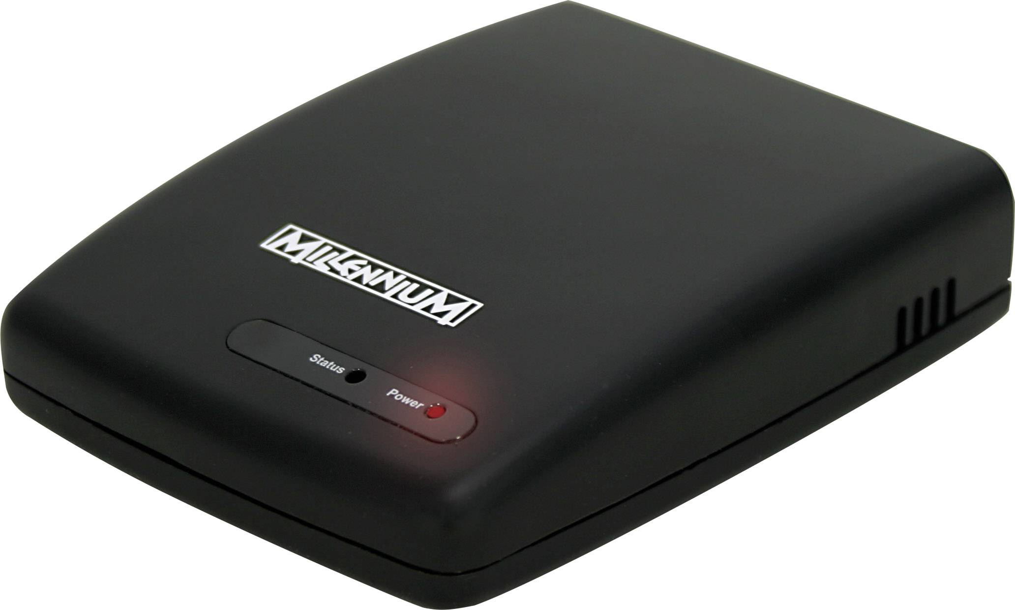 Zwart millennium-modem met twee indicatielampjes, een rood voor 'Voeding' en een groen voor 'Status'.