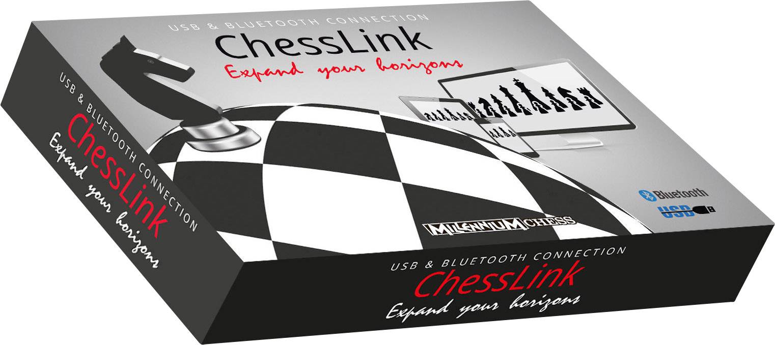 Een schaakdoos met het opschrift 'ChessLink', toont een schaakbord met USB- en Bluetooth-verbinding. Slogan: 'Verleg je grenzen'.