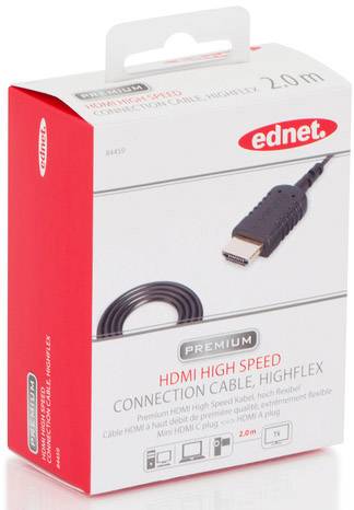 HDMI High-Speed verbindingskabel 'Premium' met 2 m lengte, geschikt voor tv, pc en console; afgebeeld op rode en witte verpakking.