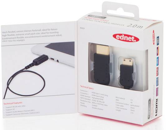 'Ednet' 2,0 m HDMI-kabel, afgebeeld in de verpakking. Links een tablet met aangesloten kabel. Tekst beschrijft het nut en de technische specificaties.