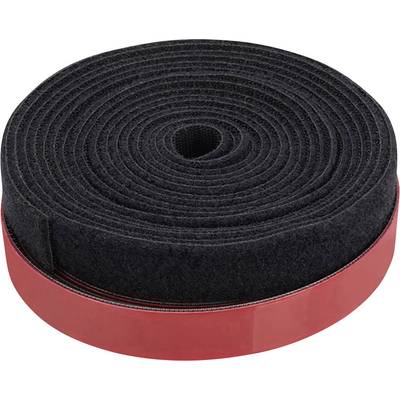 Een rol zwart klittenband met rode plakstrip aan de rand, klaar om op oppervlakken te bevestigen.