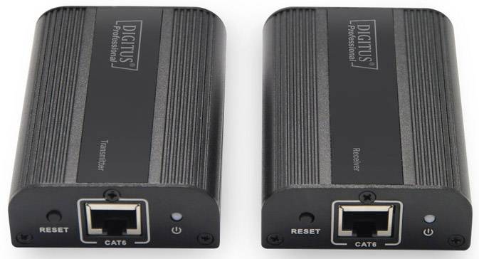 Twee zwarte netwerktoestellen met CAT6-aansluiting. Het linker toestel is gemarkeerd als 'Transmitter', het rechter als 'Receiver'.