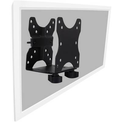 Wandsteun voor monitors of tv's, gekantelde arm in zwarte kleur, bevestigd aan een witte muur, geschikt voor platte schermen.