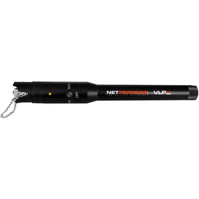 Zwarte laserpointer met opschrift 'NETPEPPERS VLP-50'. Bevat een ketting om aan te hangen en een aan-/uitschakelaar.