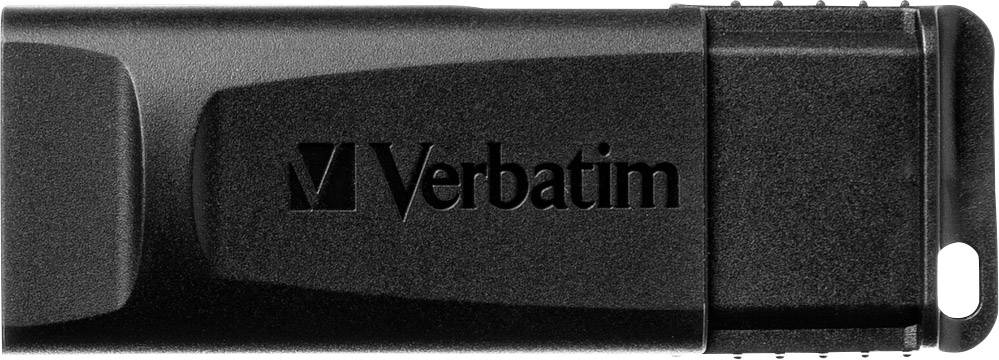 Een zwarte USB-stick van het merk Verbatim, gedeeltelijk zichtbaar.