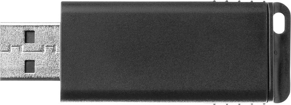 Een zwarte USB-stick, gedeeltelijk zichtbaar, met metalen aansluiting links.