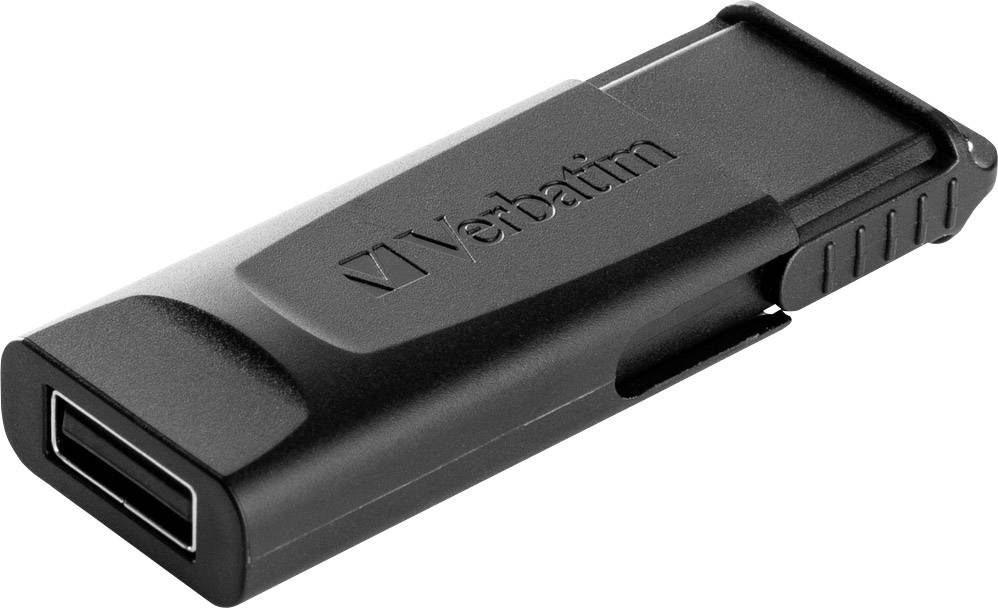Een zwarte USB-stick met schuifdeksel en het 'Verbatim'-logo aan de zijkant, liggend op een witte ondergrond.