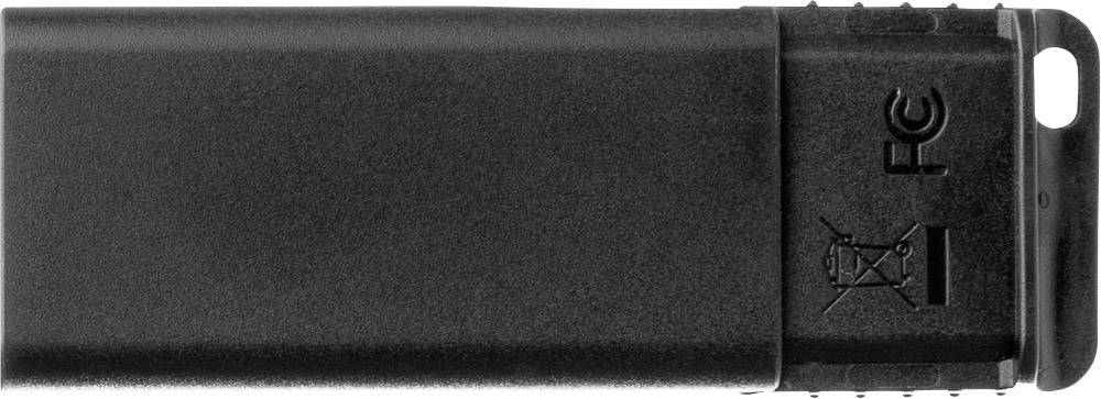 Een zwarte USB-stick met een afneembare dop; symbolen voor 'prullenbak' en 'CE' zijn zichtbaar.