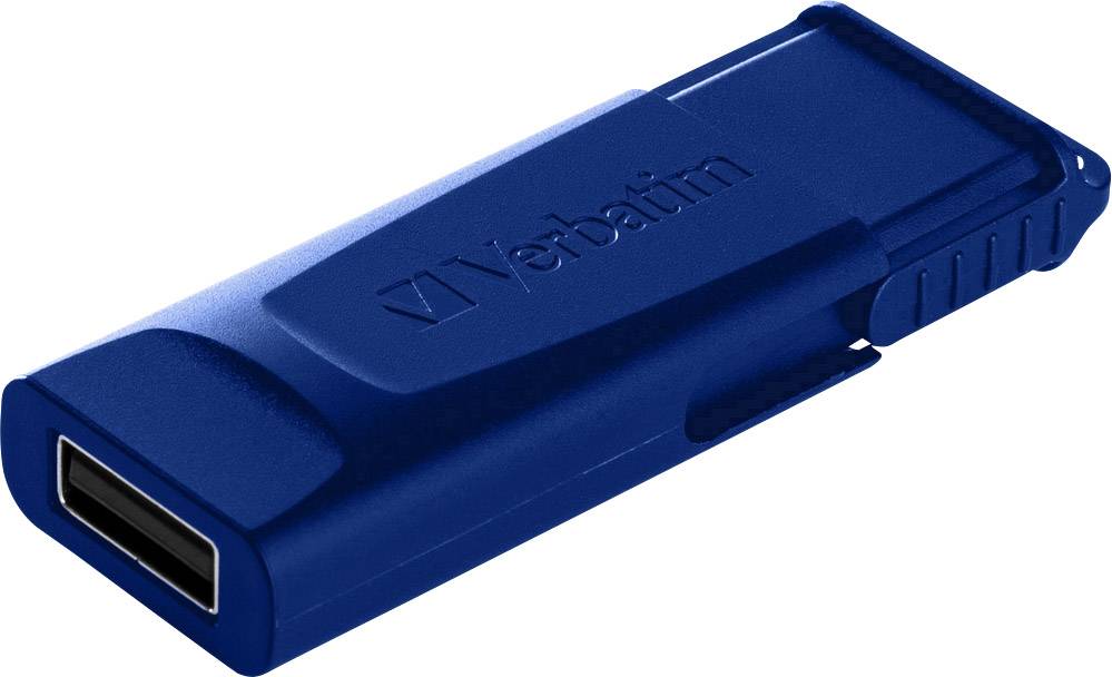 Een blauwe USB-stick van het merk Verbatim, gesloten en zonder aangesloten kabel, op een witte achtergrond.