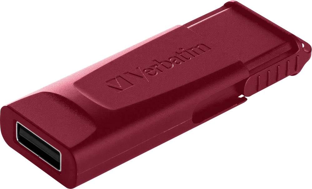 Een rode USB-stick met het opschrift 'Verbatim' aan de bovenkant, geschikt voor het opslaan en overdragen van digitale gegevens.