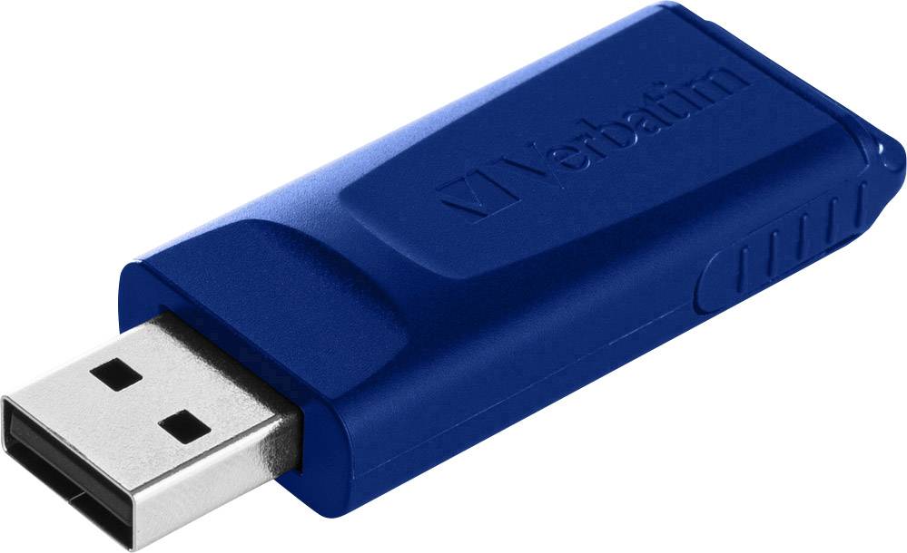 Blauwe USB-stick met gedrukt logo, rechthoekige vorm, metalen USB-aansluiting links, gestructureerde oppervlakte.