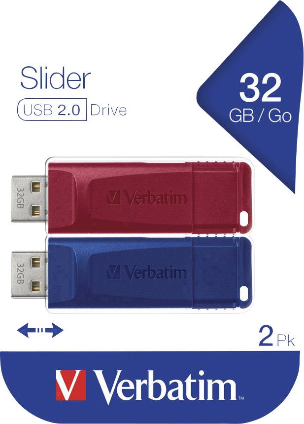 Twee Verbatim USB 2.0 Slider-sticks, één in het rood en één in het blauw, elk met een capaciteit van 32 GB. Verpakking toont '2-pack'.