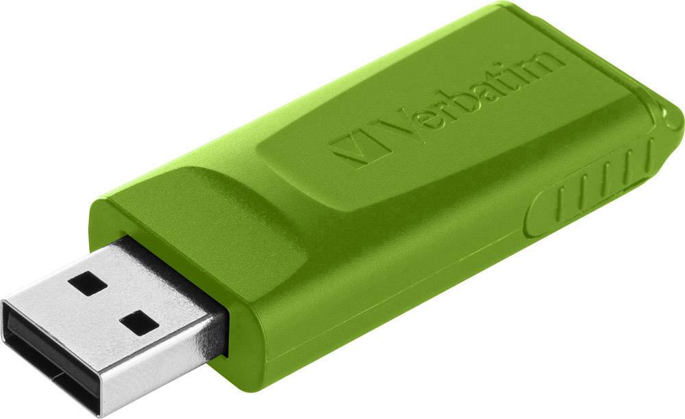 Een groene USB-stick met een zilveren aansluiting en het opschrift 'Verbatim' bovenop de behuizing.