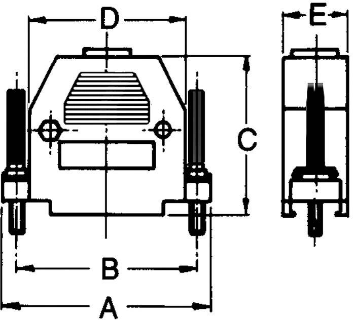 Technische tekening van een elektrische stekkerverbinding met maatvoering: A, B, C, D, E. Vooraanzicht en zijaanzicht weergegeven.