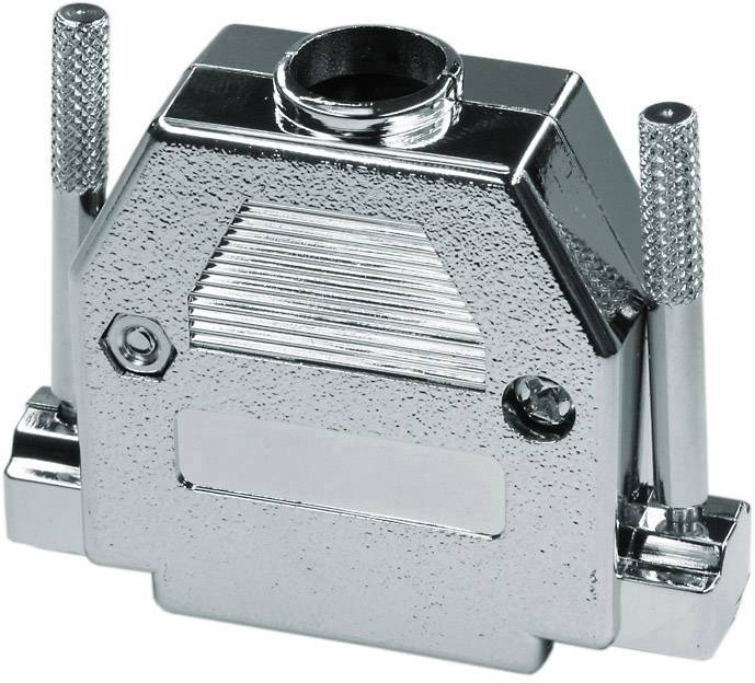 Een zilveren, rechthoekig metalen behuizing voor stekkerverbindingen met draadbouten aan de zijkanten voor bevestiging van de verbinding.