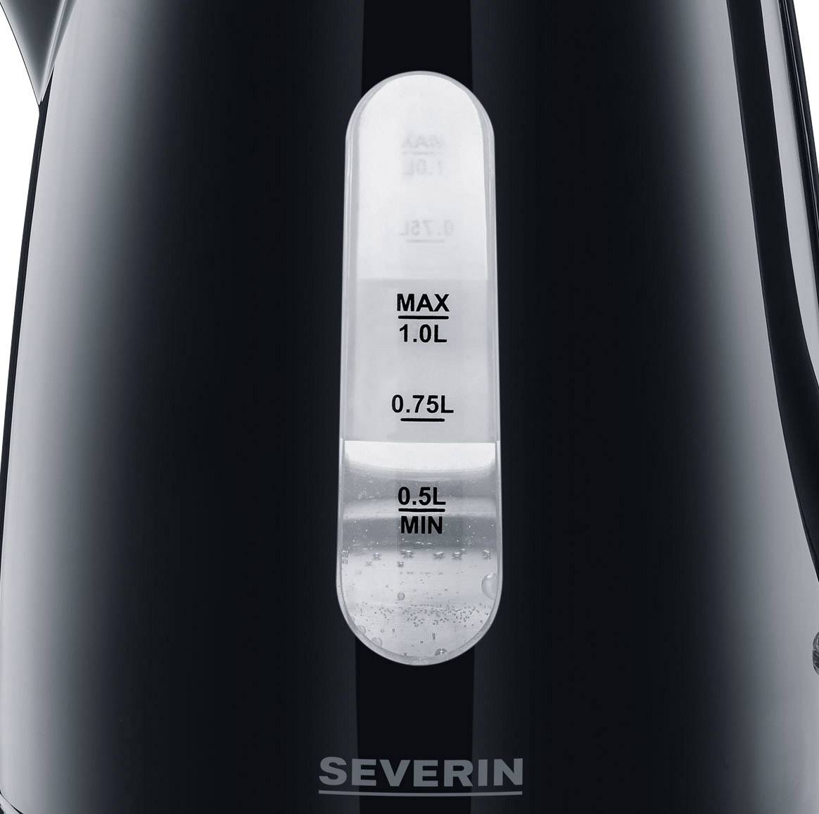 Een zwarte waterkoker met een transparante waterpeilindicator, voorzien van markeringen voor 0,5L, 0,7L en Max.