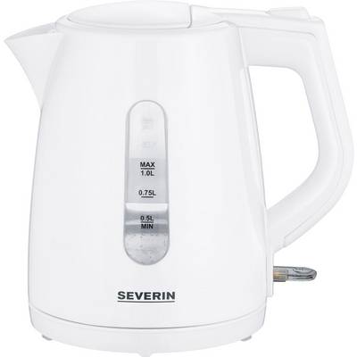 Een witte elektrische waterkoker met fabrikantslogo, toont maximale vulcapaciteit van 1,0 L en heeft een waterstandsindicator van 0,5 L tot 1,0 L.