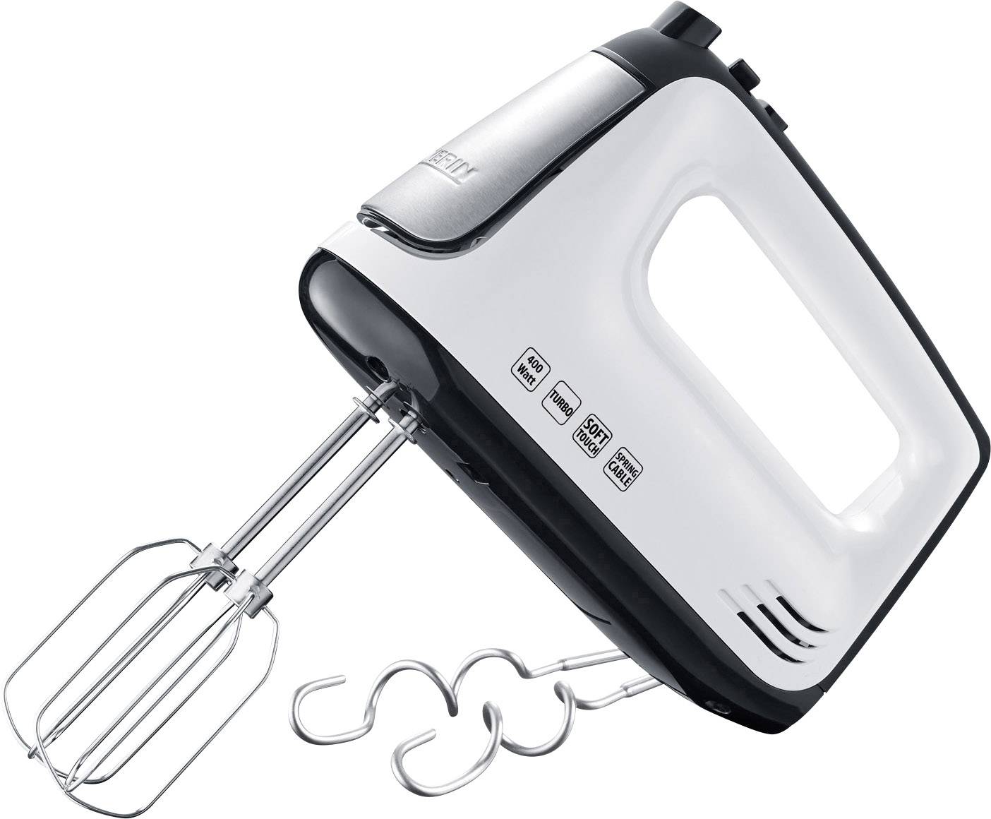 'Witte elektrische handmixer met zwarte accenten en twee garden'