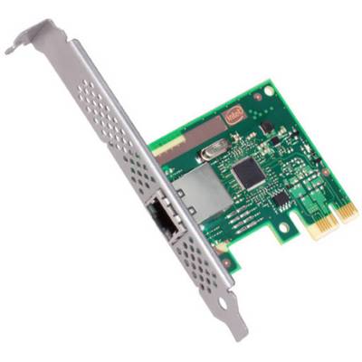 Een PCIe-netwerkkaart met een Ethernet-aansluiting, schuin gefotografeerd, toont schakelingen en een koellichaam op de printplaat.