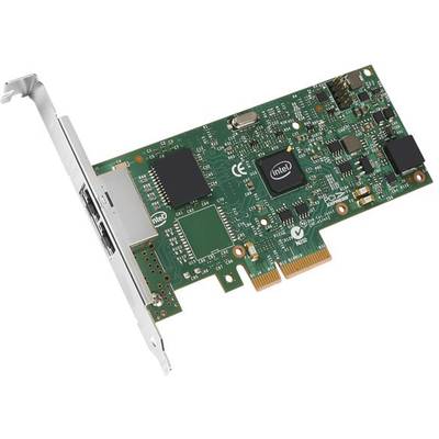 Een groene netwerkkaart met meerdere chips en aansluitingen, inclusief een Intel-chip, toont de voorkant van de hardwarecomponenten.